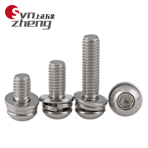 M3M4M5M6M8 304 stainless steel pan head inner hexagonal flat spring washer combination screw flat round head three combination screws