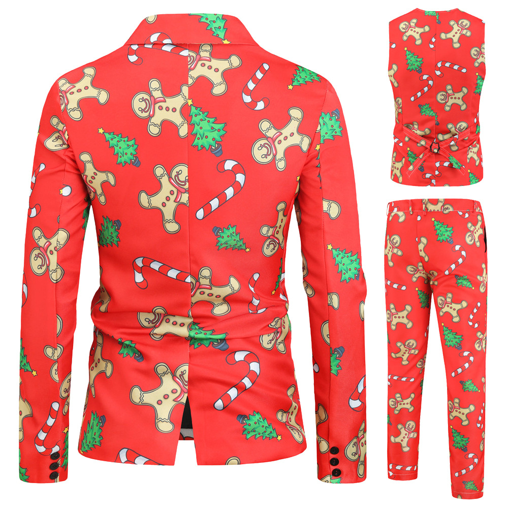 Foreign Trade New Men's Casual Suit Three-Piece Set Christmas Printed Suit Men's Slim-Fit Flat Barge Collar Suit