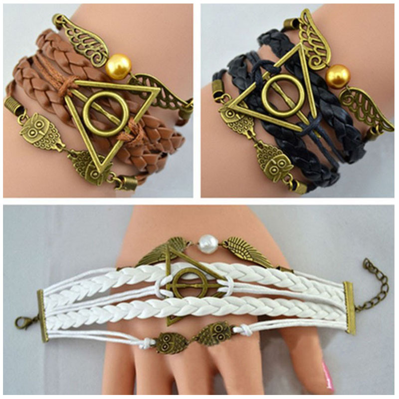 Bracciale in pelle deathly hallows con ciondolo ala di civetta_voghion.com