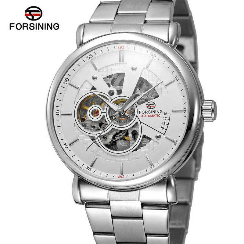 Forsining Fusini cinturón de acero casual reloj mecánico automático transparente hueco impermeable reloj 726