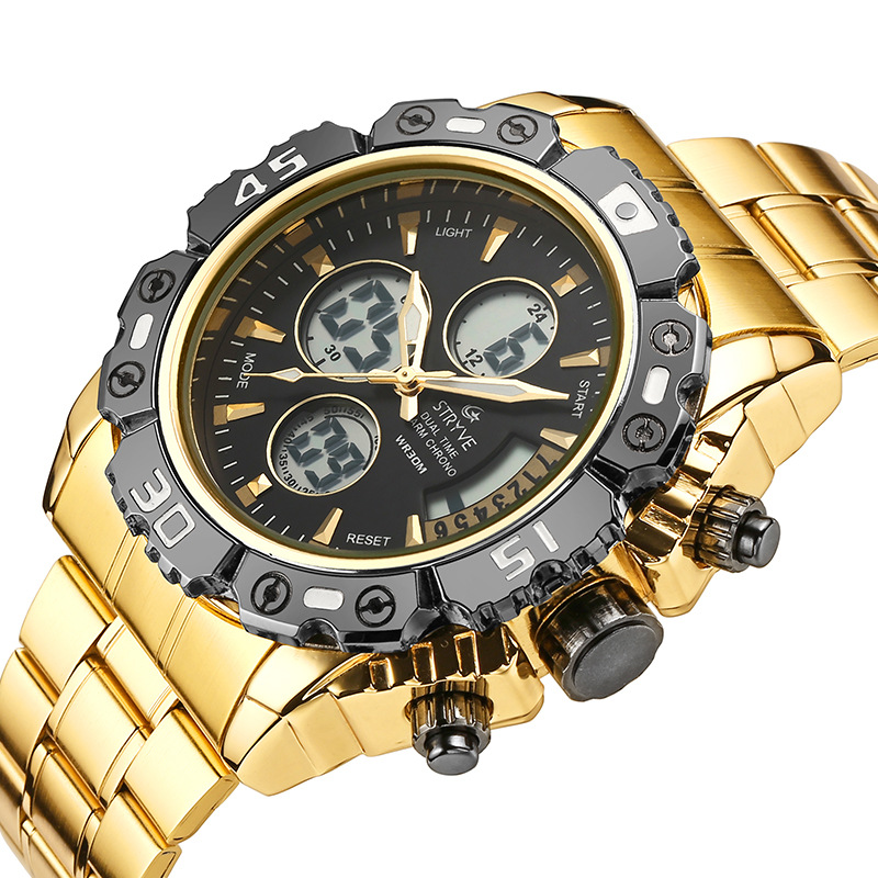 STRYVE multi-funcional de los hombres de acero inoxidable de doble movimiento reloj electrónico impermeable casual de sincronización reloj luminoso S8018