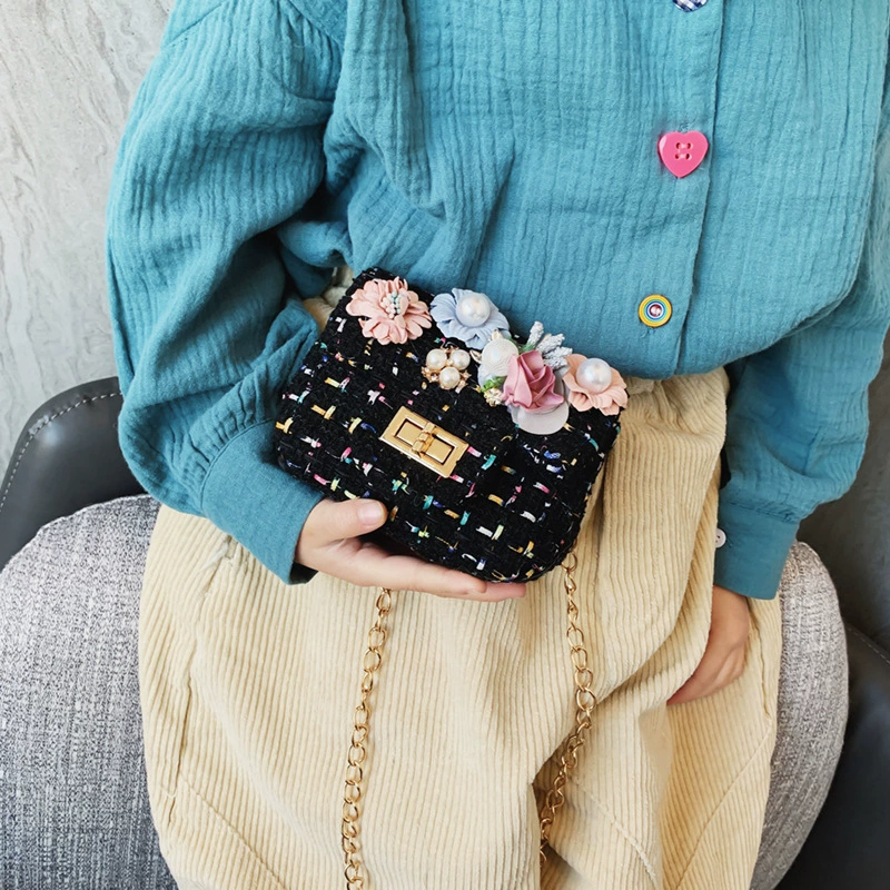 Children's One-Shoulder Bag, Small Tweed Floral Purse with Chain Strap, Cute Patterns