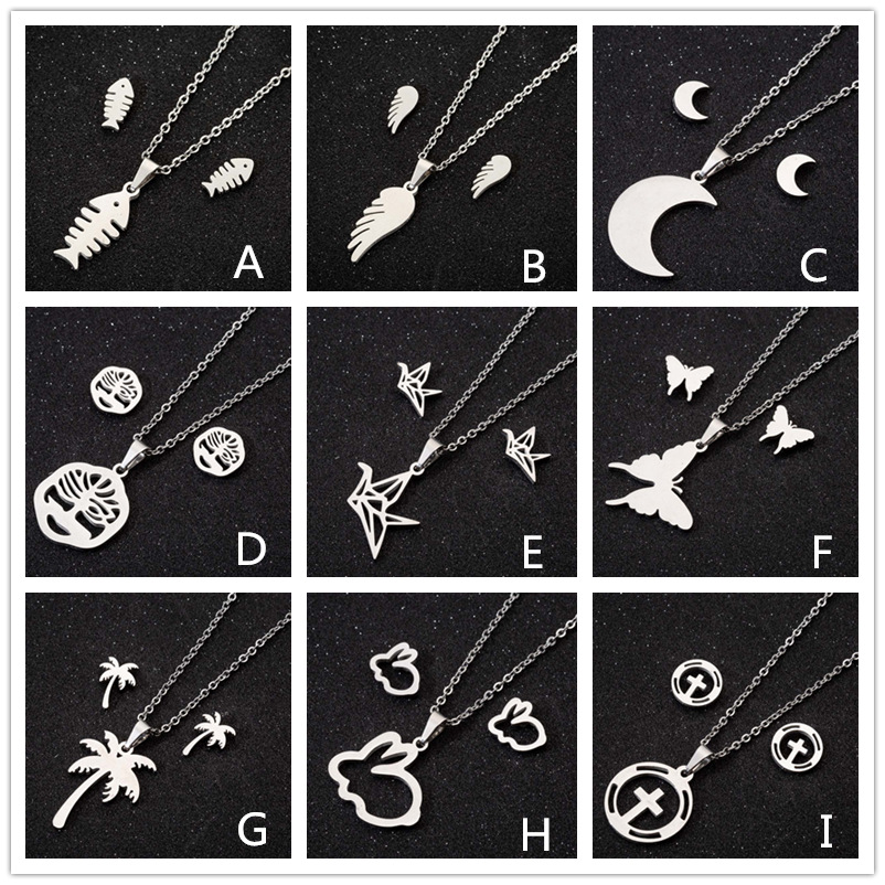 Fashion Moon Coconut Tree Fish Bone Stainless Steel Plating Hollow Out Earrings Necklace 1 Set display picture 2