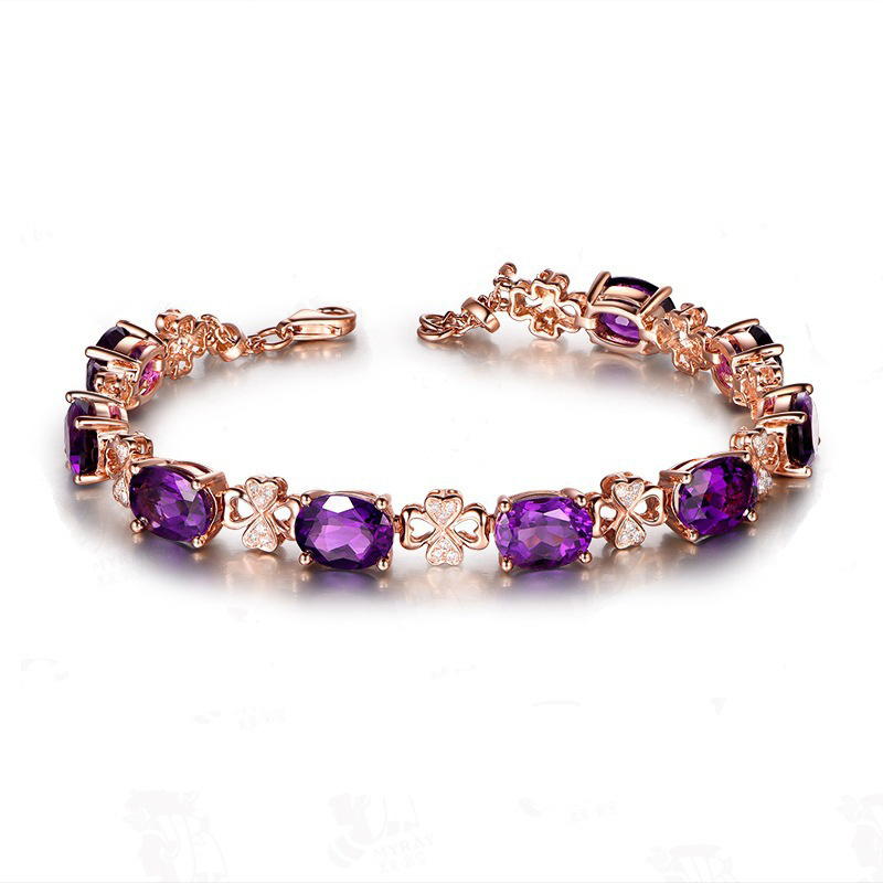 Pulsera De Trébol De Cuatro Hojas Anillo De Diamante Púrpura De Cuatro Garras Gancho Para La Oreja Conjunto De Cadena De Clavícula De Oro Rosa display picture 1