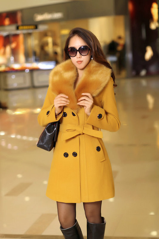 Cross-border autumn and winter woolen women's coat Korean version of double-breasted long woolen coat Amazon wool collar a generation of hair
