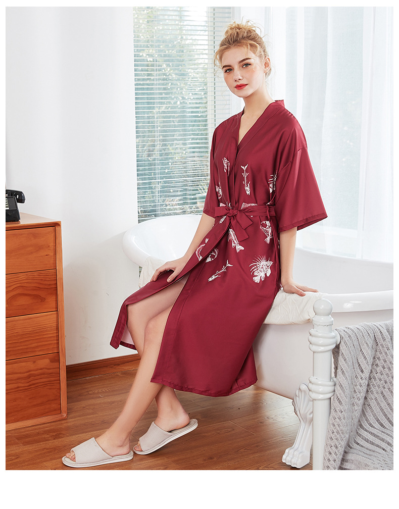 Fashion Simple Silk Pajamas Women Summer Long Red Nightgown Dressing Gown Wholesale Nihaojewelry display picture 9