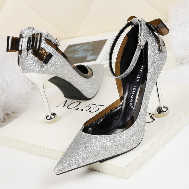 Sexy pointed shallow-mouthed slim-heeled sandals sequined shoes  