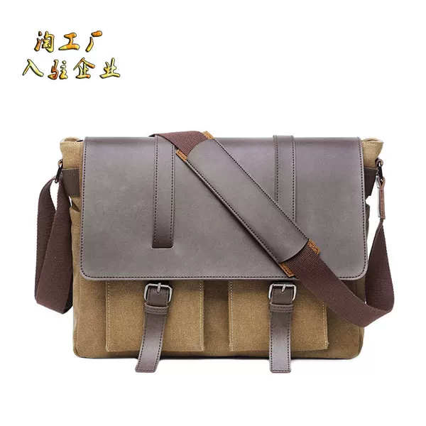 New Style Inner 14 Inch Laptop Bag Men's Sail Cloth Leather Briefcase Fashionable One-Shoulder Crossbody Bag