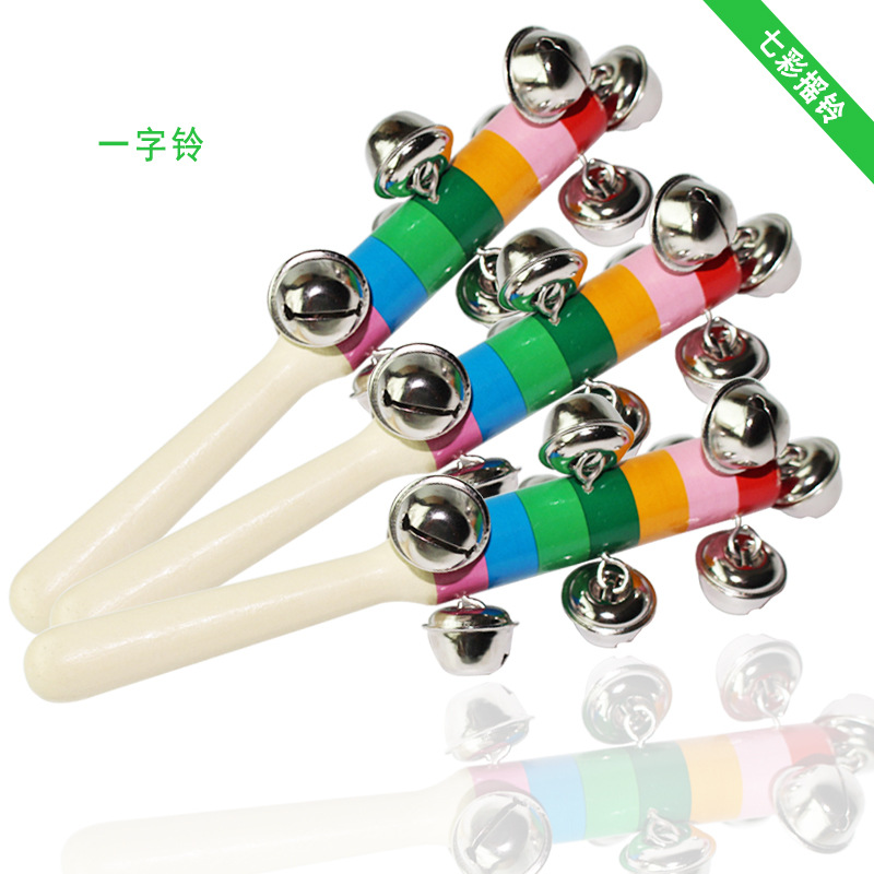 木制七彩手摇铃 木质彩虹摇铃 一字手摇铃婴幼儿早教玩具 厂销