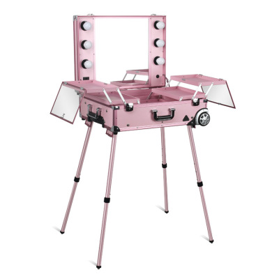 粉红带LED灯镜可拆双层内盒带内置铝合金支架定向轮拉杆美妆箱|ms