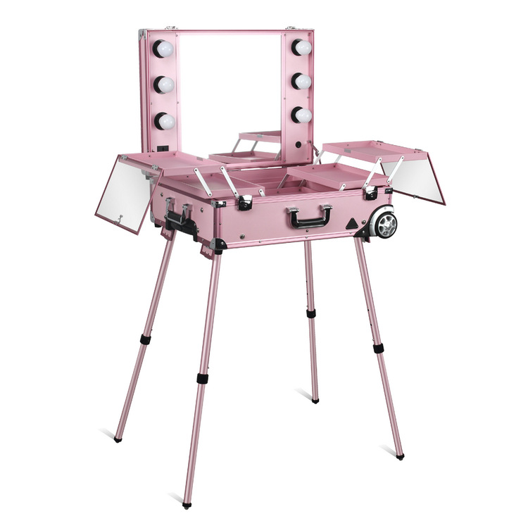 粉红带LED灯镜可拆双层内盒带内置铝合金支架定向轮拉杆美妆箱|ms