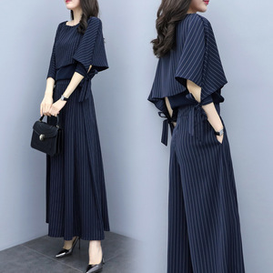 Spring two-piece trousers striped jacket wide-legged pants 
