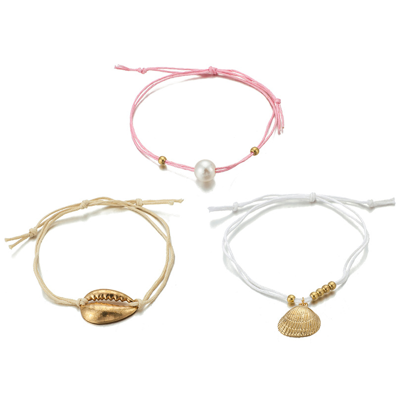 Popular Accessories Bohemian Pearl Gold Shell Line Rope Anklet Set display picture 5