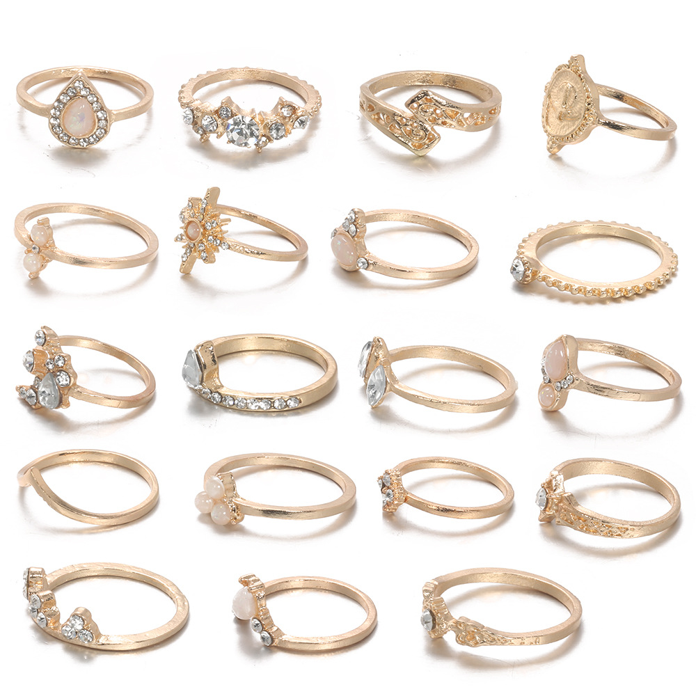 Retro Hollow Star Drop-shaped Alloy Ring 19-piece Set display picture 4