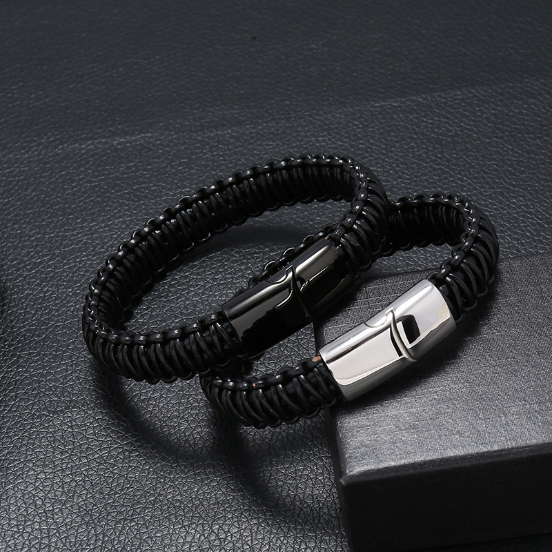 Titanium steel multilayer woven stainless steel magnet buckle leather bracelet