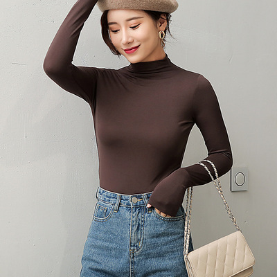 打底衫女長袖秋冬新款韓版無痕半高領t恤 莫代爾純色大碼內搭上衣
