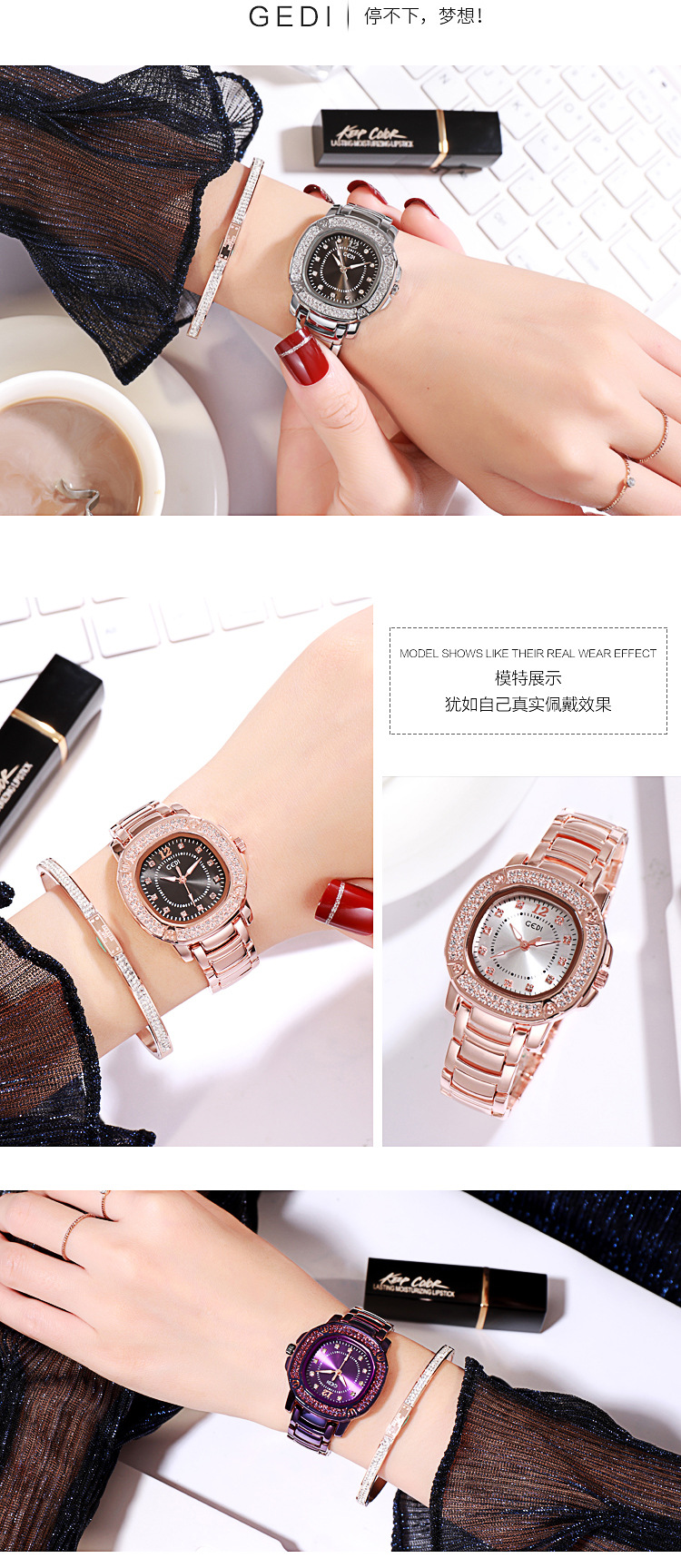Fashion Diamond Steel Band Waterproof Square Dial Quartz Watchpicture5