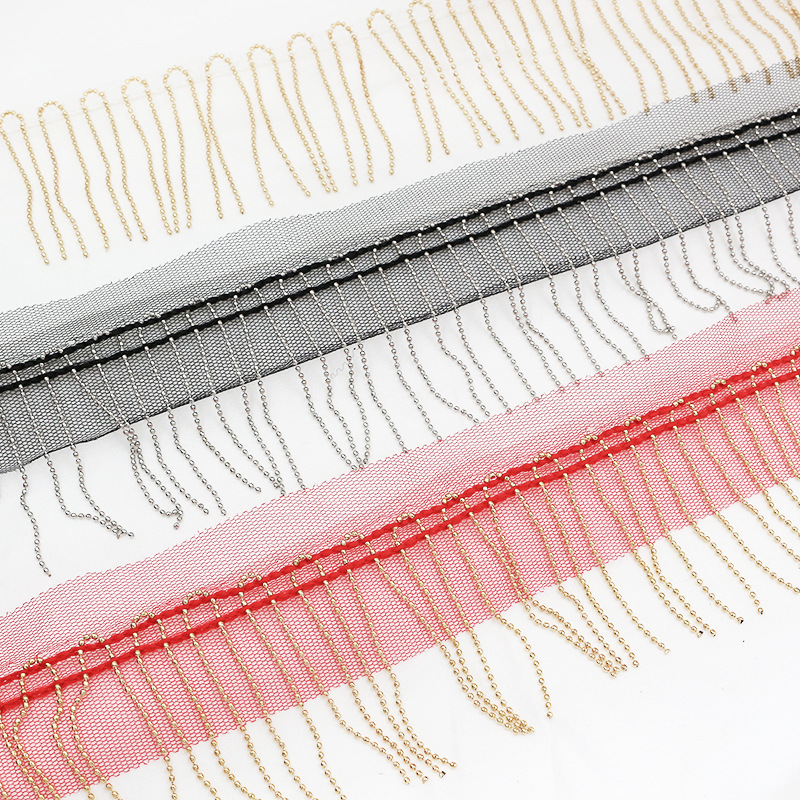 6cm网纱金珠珠链条流苏花边服装衣领装饰辅料DIY窗帘宽花边