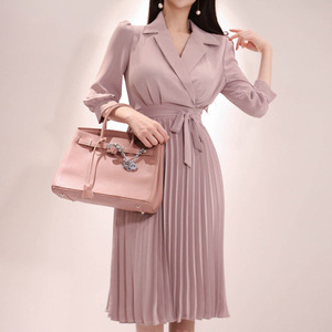 Korean women’s style Lapel lace up waist show thin pleated long dress