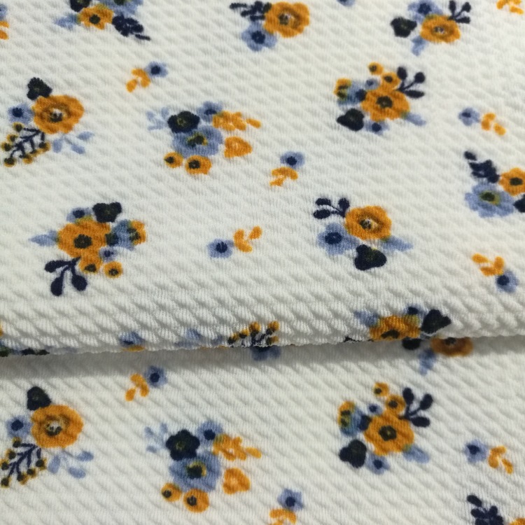 供应全涤四面弹提花针织斜纹泡泡布 蕾丝印花连衣裙面料