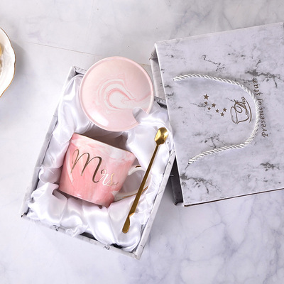 帶蓋帶勺大理石紋馬克杯 火烈鳥花茶早餐陶瓷杯 禮品定制壹件代發