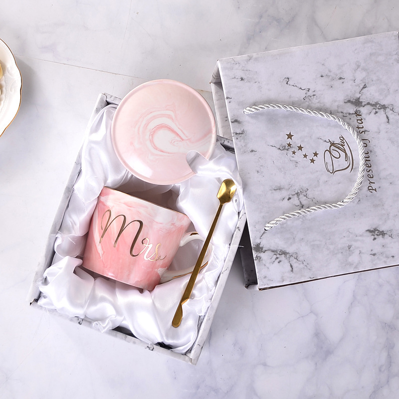 帶蓋帶勺大理石紋馬克杯 火烈鳥花茶早餐陶瓷杯 禮品定制壹件代發