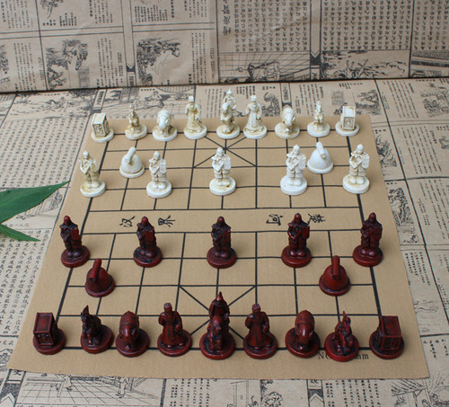 Retro three-dimensional Chinese chess PU leather chessboard resin terracotta warriors Chinese chess figures chess pieces parent-child gift