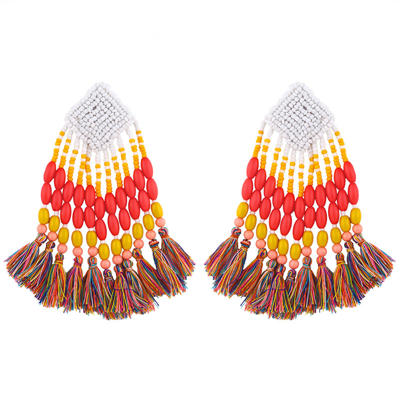 Bohemian Hand-woven Long Geometric Rice Beads Tassel Earrings display picture 10
