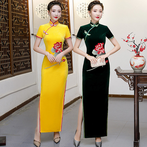 Cheongsam women gold Plush long products cheongsam show show show dress Chinese Dress Qipao
