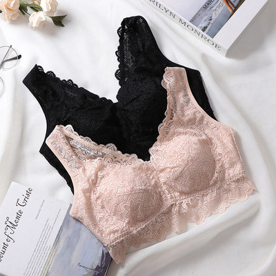 新款蕾絲花邊寬雙肩帶無鋼圈文胸 無排扣背心式睡眠女士內衣 夏季