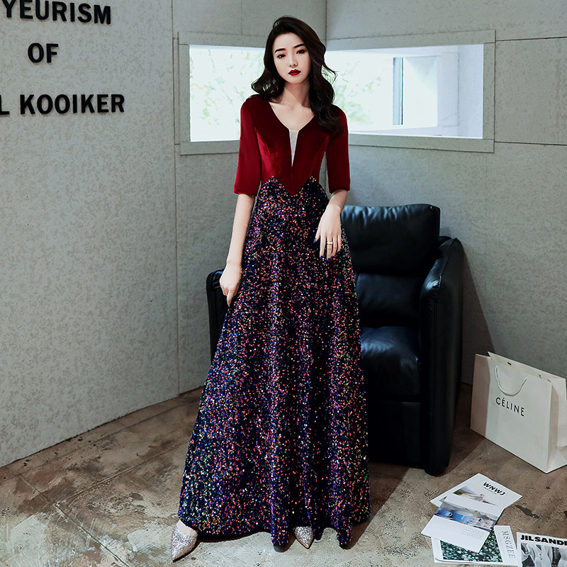 2021丝绒晚礼服裙女2021新款宴会年会气场气质女王主持人大气长款