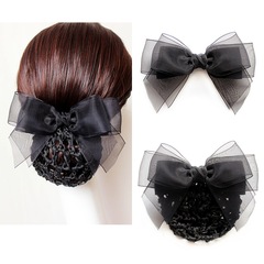 【廠家直銷】絹紗韓版頭花職業發卡職員蝴蝶結髮夾發網網兜12*9cm
