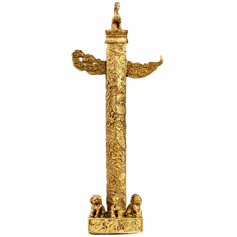 黄铜华表摆件流云龙柱家居玄关装饰品铜制古风珐琅铜艺铜雕