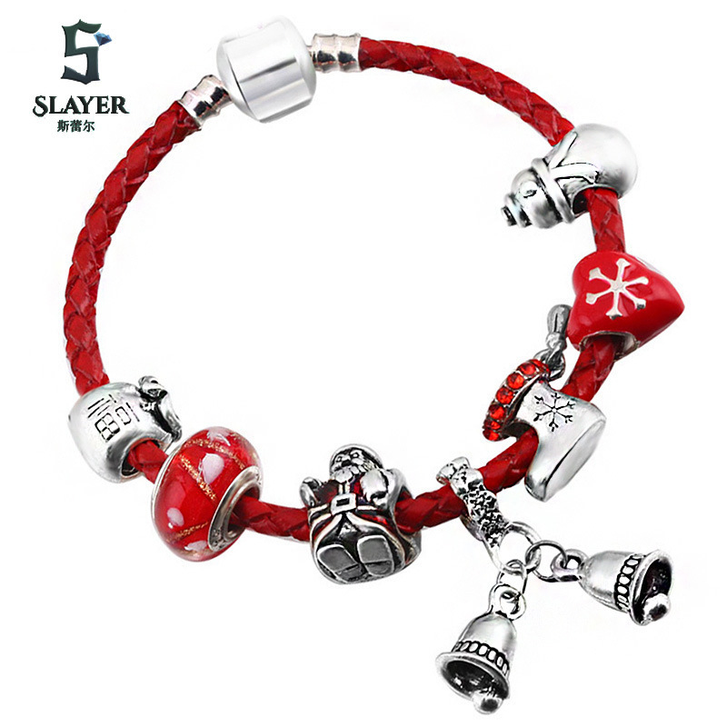 Red Leather Rope Christmas Theme Charm Women's Best Friend Children's Bracelet DIY Red Glaze Transfer Beads Gift