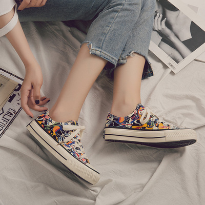 ZZOREN臉譜帆布鞋女低幫學生民族風百搭中國風變臉板鞋塗鴉潮鞋子
