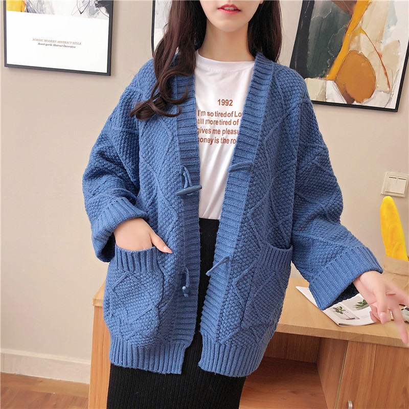 Korean version of coarse wool duffle sweater women's coat 2022 autumn and winter New loose V-neck twist knit cardigan fashion