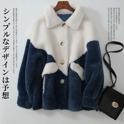 双色2018秋冬新款羊剪绒大衣女短款韩版翻领白色机车羊毛皮草外套|ms