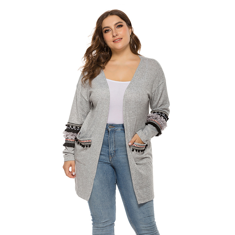 2020 Cross border Foreign trade Autumn and winter new pattern mm Big size dress Cardigan coat Pocket stitching sweater jacket