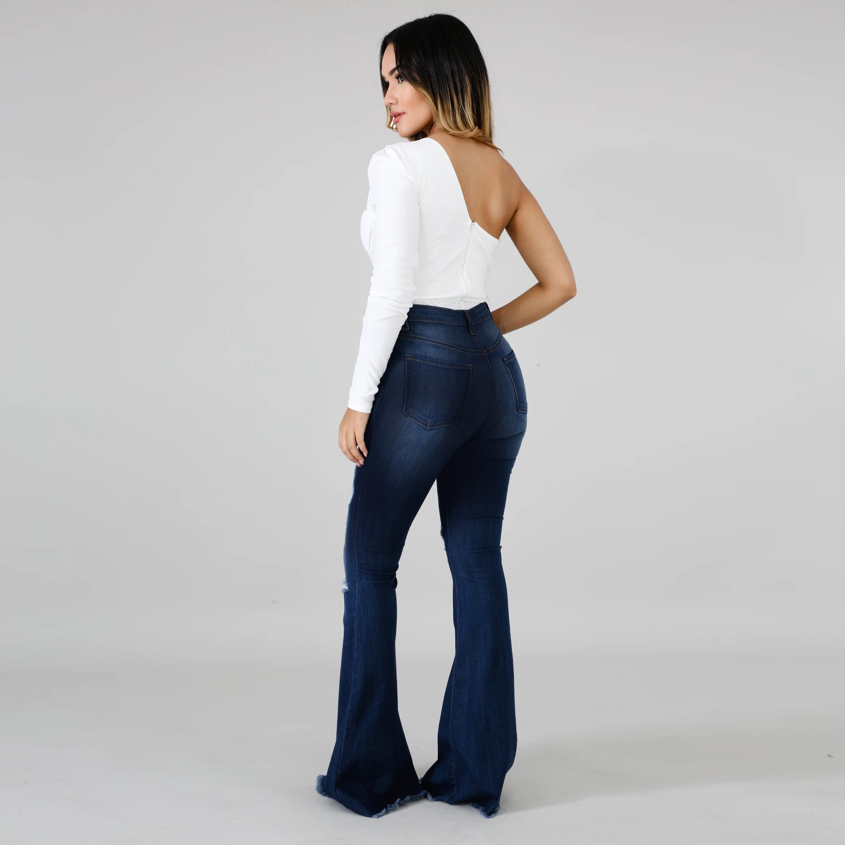 wide-leg washed ripped stretch slim flared jeans NSSF127770