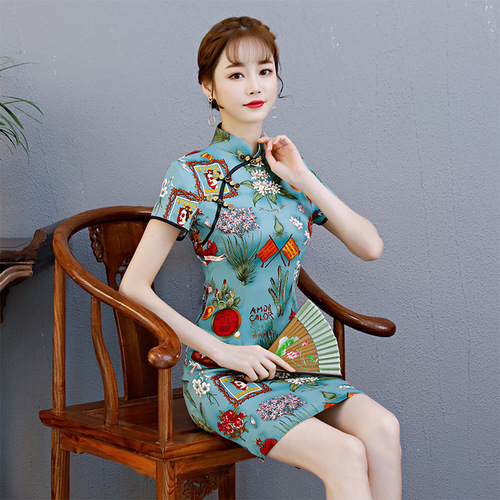 Green floral chinese dress qipao dress for women Cotton linen fashion girl slim oriental cheongsam printing Improved dress