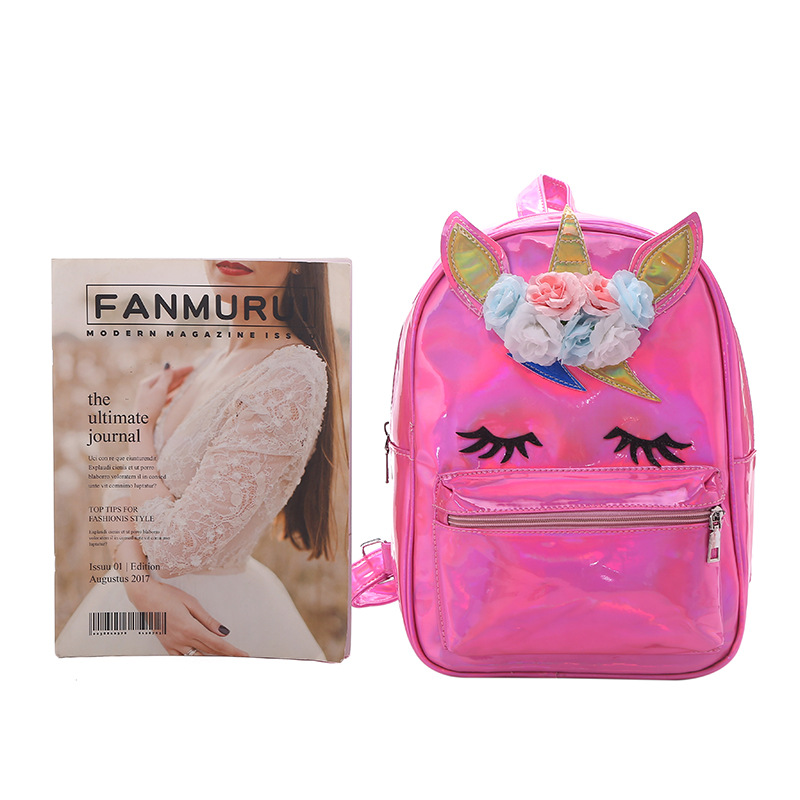 Unicorn large-capacity Unicorn laser bright pink schoolbag, cartoon women's backpack, travel bag, pu backpack detail image 8