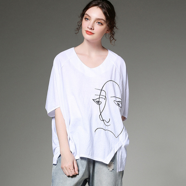 New T-shirt irregular embroidered sweater with V-collar summer