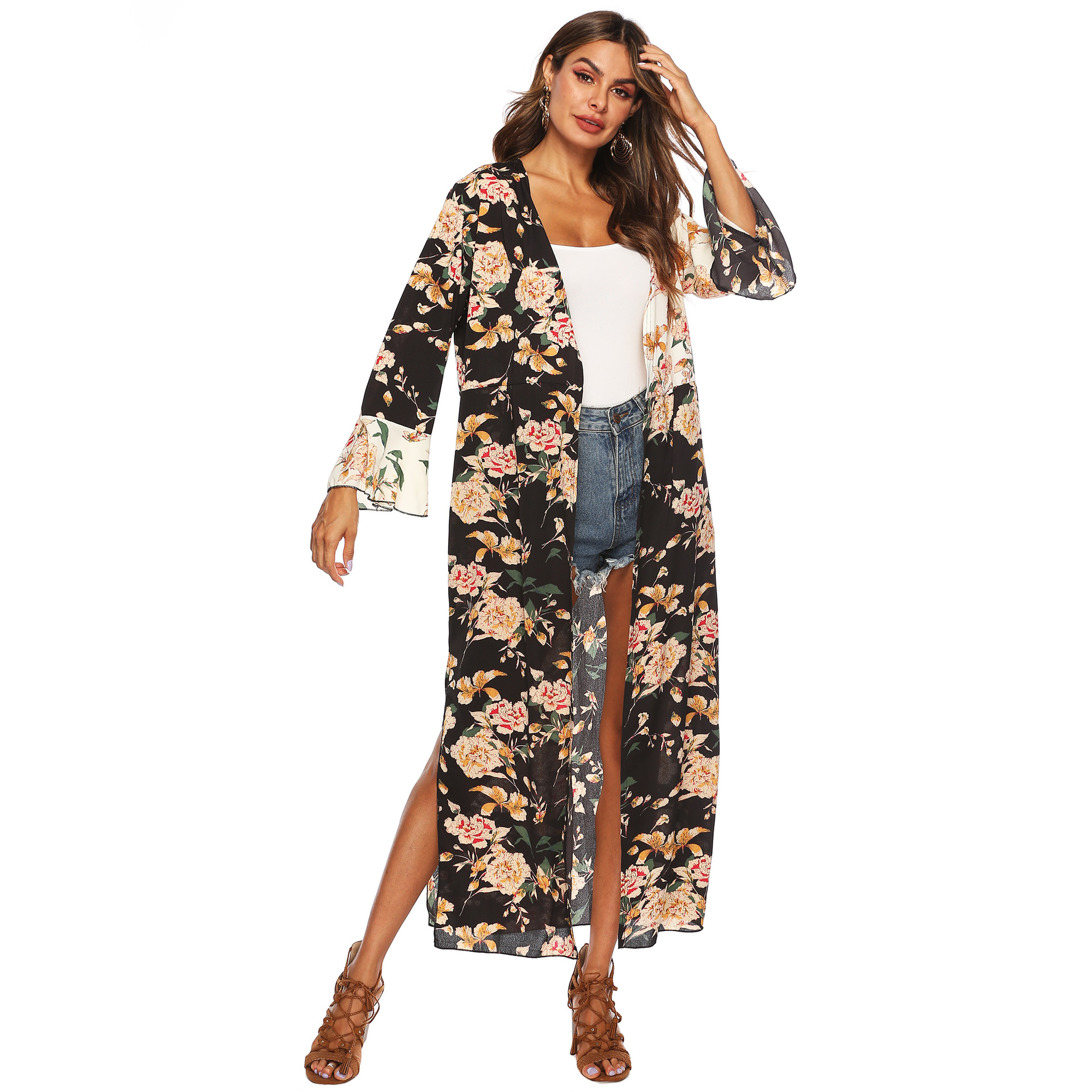 irregular printing stitching split long cardigan NSOY46138