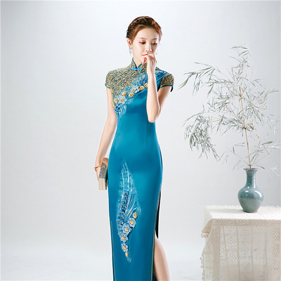 Cheongsam sky blue three dimensional embroidery large stage performance cheongsam national season