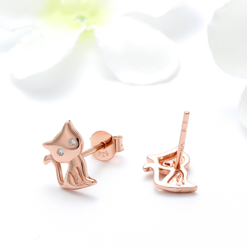 Cat Pattern 1 Pair 925 Sterling Silver Zircon Cat Ear Studs