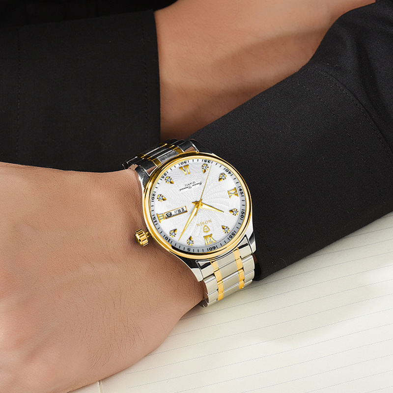 瑞士正品诺柏金爆款商务日历石英表防水手表不锈钢带男士手表批发