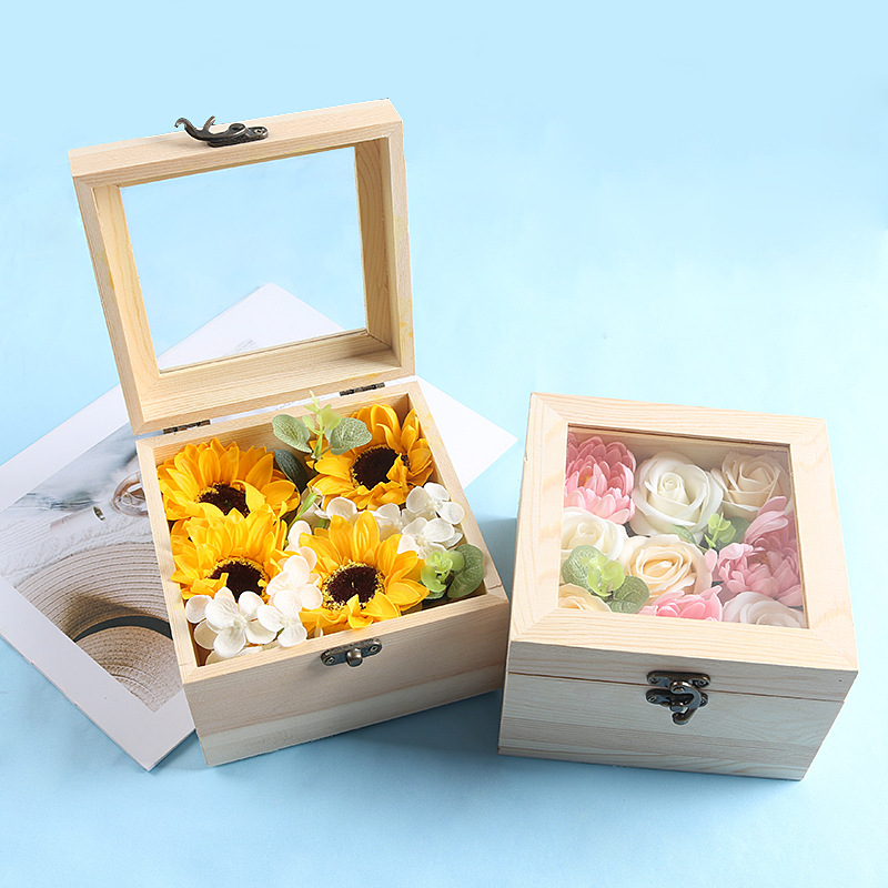 唯美方形木盒香皂花礼盒带灯玫瑰仿真肥皂花生日礼物情人节礼品