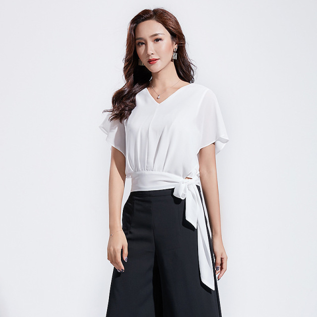 Summer New Pullover Short Sleeve V-necktie Slim Top Chiffon shirt