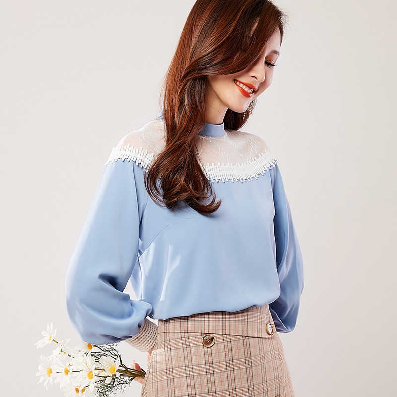 2019秋季新款韩版泡泡袖网纱拼接围栏花边通勤气质 长袖雪纺衫|ms