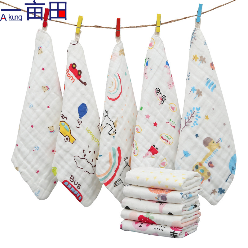 六层纱布高密方巾泡泡纱纯棉口水巾跨境小毛巾25*25印花婴儿童|ms